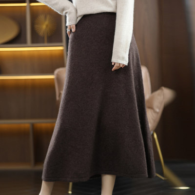 女士秋冬高腰显瘦羊毛半身裙加厚保暖A字裙长款百搭针织裙，女装半身裙，洁纯羊绒