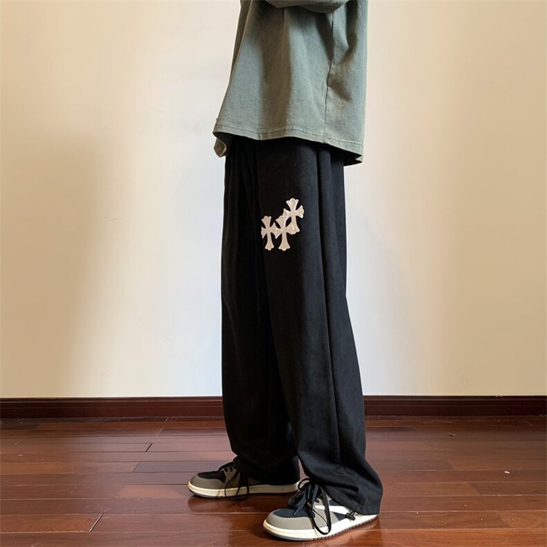 秋季新款高街麂皮绒十字架贴标休闲裤M~5XLXZ604-KP85-P55控68,男装休闲裤,星座604