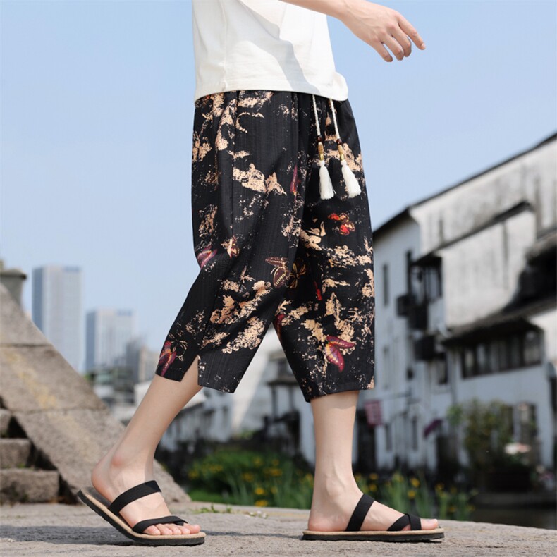 棉麻薄款七分裤男宽松小脚水墨印花风休闲裤A266-1-KZ772-P50图片