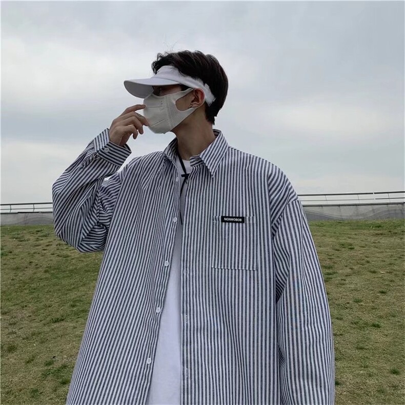 日系复古条纹长袖衬衫男港风宽松休闲打底衬衣春秋季外套C755-p33,男装衬衫,星座1008