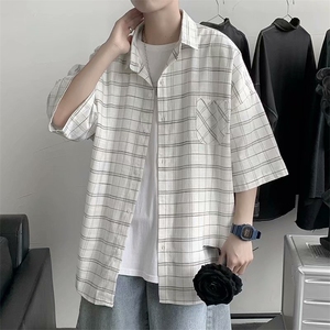 短袖衬衫男士潮牌格子衬衣夏季宽松休闲外套痞帅港风上衣CS88-P30图片
