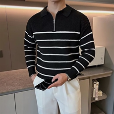 翻领长袖毛衣男秋季韩版宽松复古休闲半拉链条纹针织衫上衣3458，男装针织衫/毛衣，星座1116A-2（原606A-1）