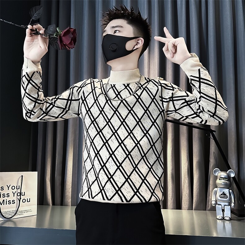 痞帅炸街男士半高领套头格子毛衣社会小伙店主风301C-M77P78控108,男装针织衫/毛衣,星座301C（原B323）