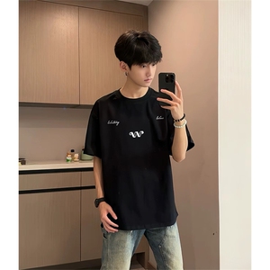 抖音得物210克现货宽松纯棉美式潮牌印花落肩袖纯棉T恤AT211114,秋季衬衫外套穿搭灰色图片