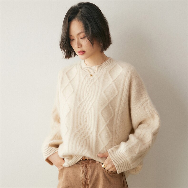 重磅加厚山羊绒衫女圆领重工绞花韩版宽松大版毛衣针织打底衫冬,女装羊绒衫,绒创羊绒