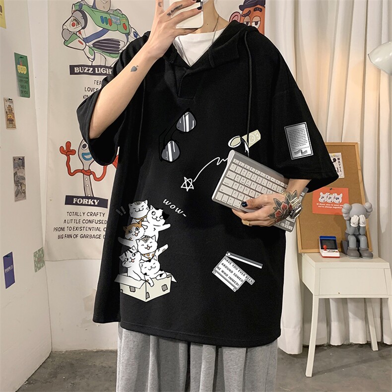 LD54115-P45NASA连帽短袖t恤男大码胖子带帽五分袖中袖,男装T恤,电商A040