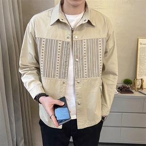 拼接衬衫男士2026春秋新款潮牌翻领痞帅休闲外套男秋装上衣服图片