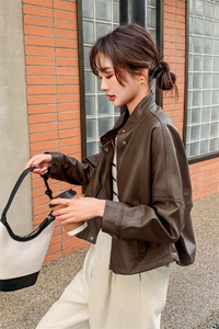 春季机车蝙蝠袖帅气立领皮衣外套女短款时尚港风休闲宽松显瘦夹克图片