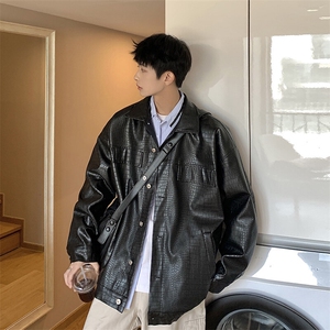 1港风工装皮衣男中性休闲宽松潮流夹克男士外套男JK7757P90控图片
