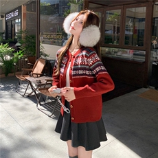 复古毛衣外套春秋新款洋气费尔岛提花针织开衫女宽松，女装针织衫/毛衣，水衣源