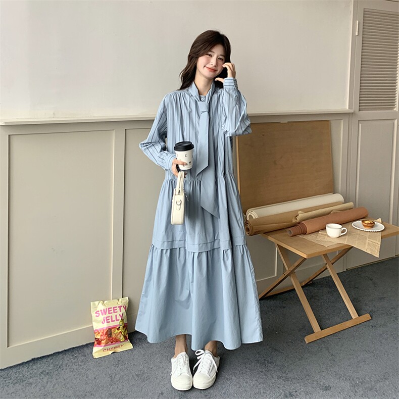 春现盐系浅蓝色条纹休闲风连衣裙B190-5010-P135-K198,女装连衣裙,2B190