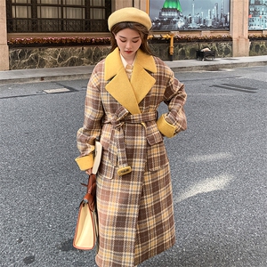 撞色拼接格纹毛呢外套女冬季新款复古英伦风宽松过膝西装呢大衣潮图片