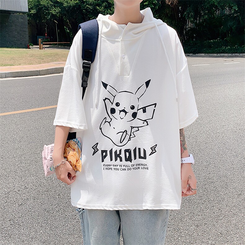 LD54078-P45连帽短袖t恤男大码胖子带帽五分袖中袖,男装T恤,电商A040