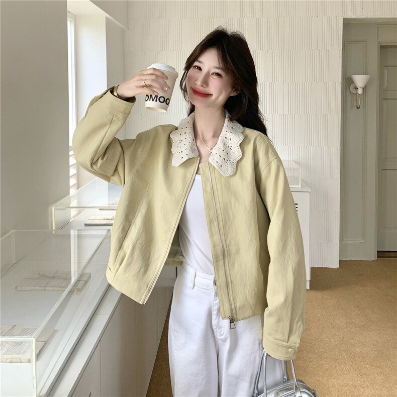 26春大量现货主推皮衣外套短蕾丝花边翻领2B114-2190-P175-K265，女装皮衣，网红馆