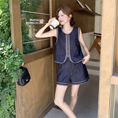 超好看复古深蓝色牛仔马甲套装女2025夏小个子甜酷减龄短裤两件套，女装套装/套裙，2C159