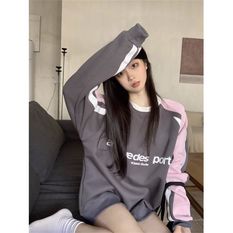 QC028-P55 美式复古风字母刺绣撞色拼接长袖卫衣女秋宽松显瘦上衣图片