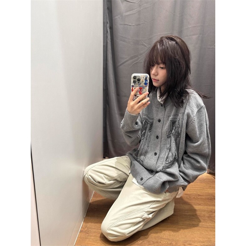 美式复古印花纽扣开衫毛衣慵懒高级感针织衫外套情侣潮SW50016，男装针织衫/毛衣，星座516A