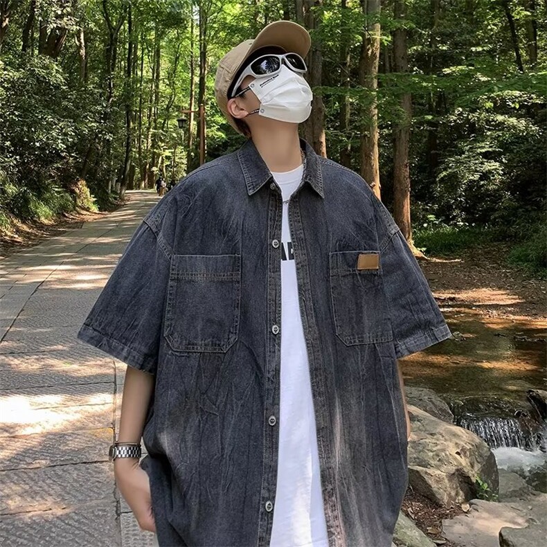 美式复古牛仔短袖衬衫男夏季潮牌高街休闲百搭P43,男装衬衫,星座1116-2