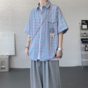 CS1151-特批40控78夏季新款男女格子短袖大码男衬衫（带配件）