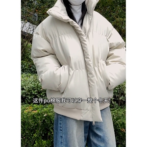 现货5W件冬季三防重磅硬挺boxy短款羽绒立领PU皮棉衣外套加厚棉服