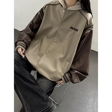 主推美式复古拼接罗纹pu棒球服情侣皮衣夹克外套男女G1094P108，男装夹克，电商A339