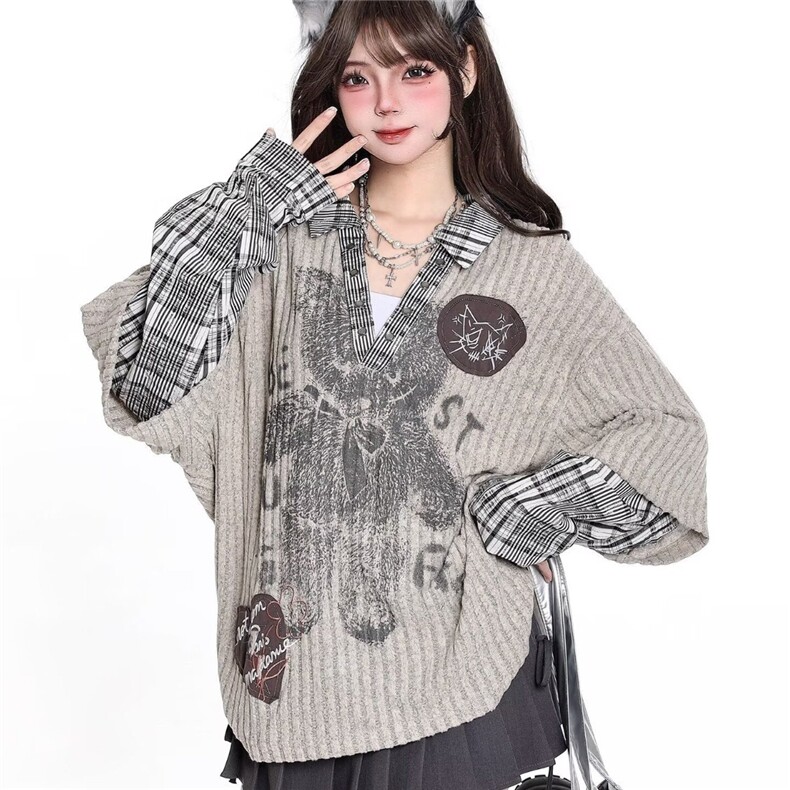 W116-P702025美式假两件撞色格子复古vintage外套早秋学院风,女装短外套,电商B323A