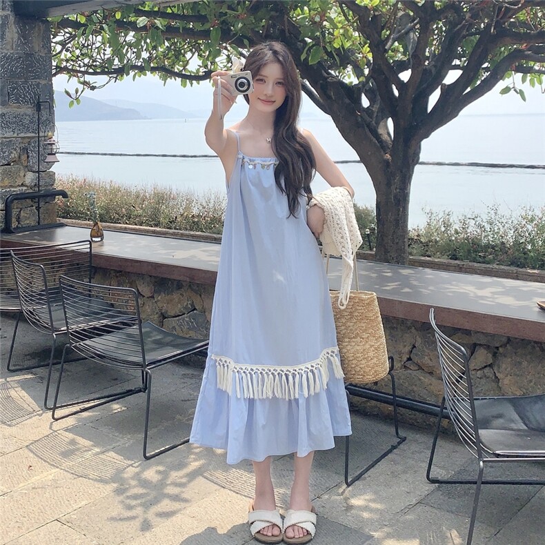 高级感海边度假旅游风裙夏季新款叠穿流苏吊带连衣裙子,女装连衣裙,2C135