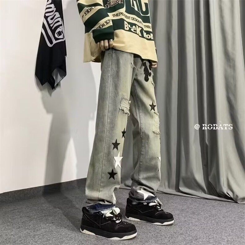 【008】水洗做旧牛仔裤子男女潮牌阔腿长裤A079-N1046-P45,男装牛仔裤,电商A079