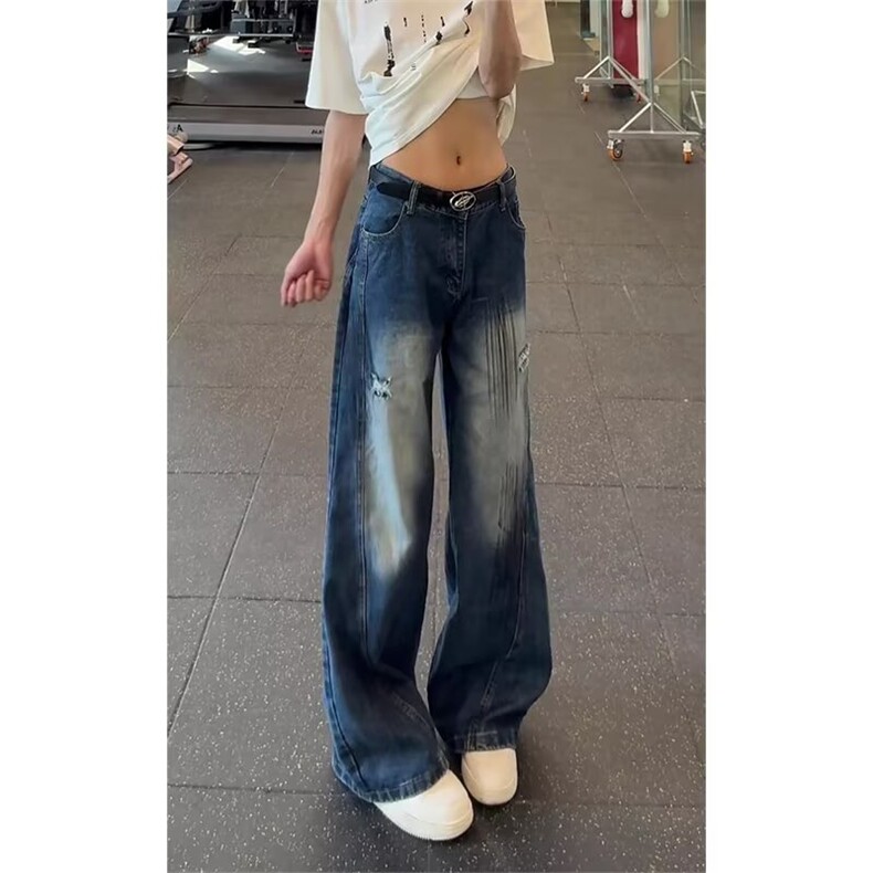 美式街头水洗扎染破洞牛仔裤男夏薄款阔腿弯刀裤直筒工装裤NK110，男装牛仔裤，星座516A
