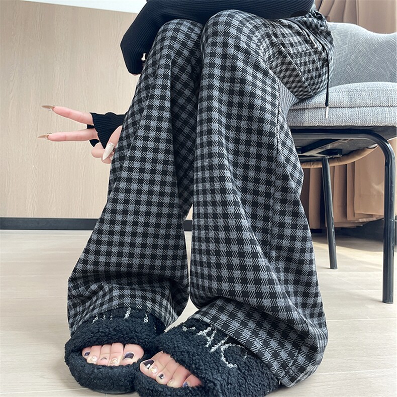 休闲直筒高腰复古格子裤女宽松抽绳阔腿慵懒风加长阔腿裤,女装休闲裤,云美莎专业女裤-全店现货