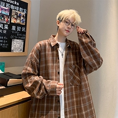 衬衫男秋季新款港风宽松磨毛格子长袖设计衬衣CS530-P38，男装衬衫，星座214-3
