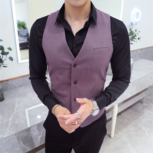 Y8775-型男潮紫色纯色短款V领排扣马甲外套休闲青年马甲图片