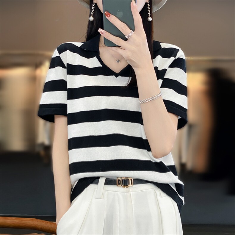 Polo领拼色针织短袖女24夏新款100%纯棉薄款宽松显瘦t恤半袖上衣图片