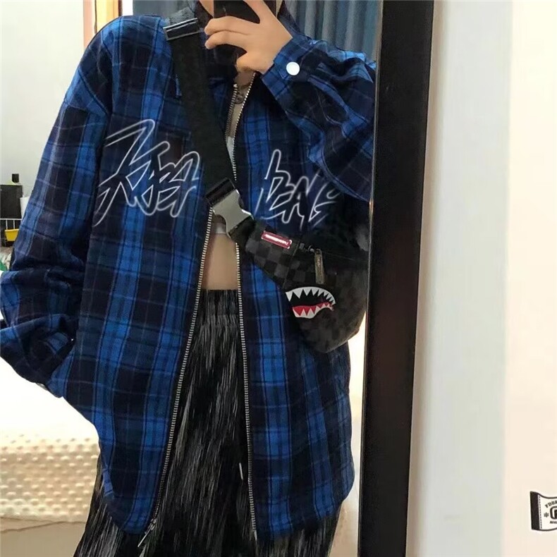 潮流简约无品牌新款核爆炸经典美式大码长袖格子衬衫时尚原宿,男装衬衫,星座1018A
