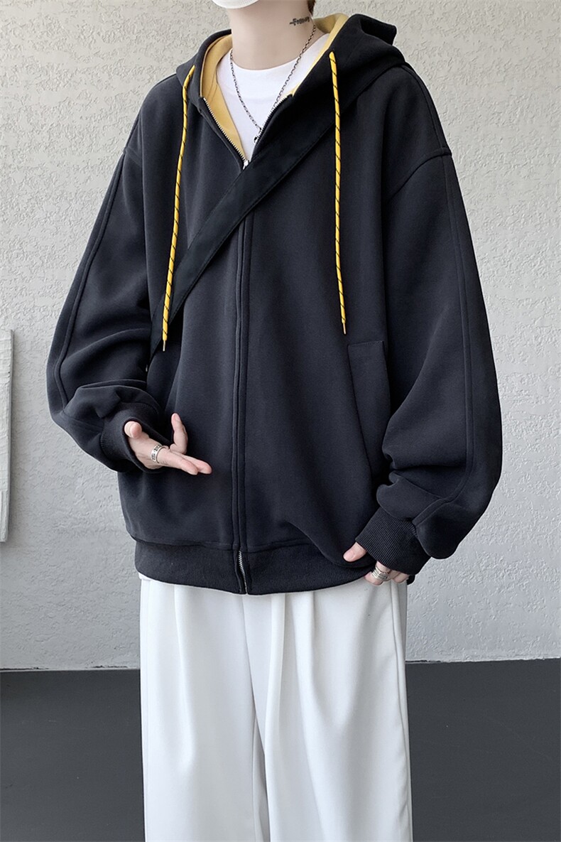 8XL-M秋连帽卫衣男宽松休闲纯色拉链开衫外套拼色帽衫运动WY27P65,女装短外套,电商D206-1
