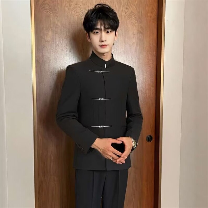 潮牌黑色新中式西装男女士春秋新款风中山装立领西服外套,男装西服套装,星座601-1