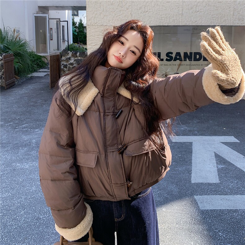 羊羔毛美拉德短款羽绒服女2025冬季新款咖色小个子翻领外套,女装羽绒服,玖莱伊