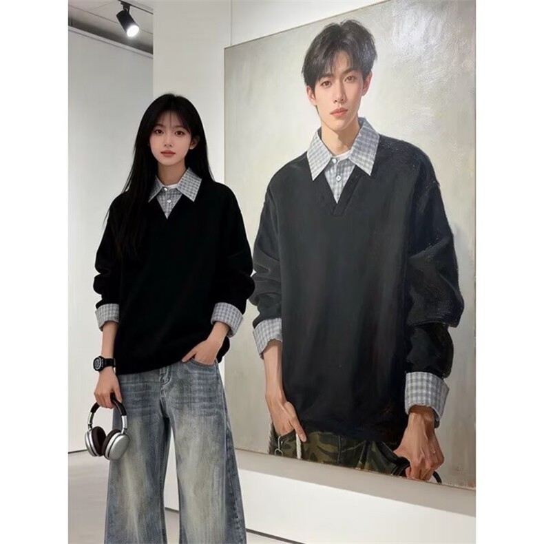 假两件翻领卫衣男女春秋2026新款美式潮牌宽松拼接Polo领休闲外套，女装短外套，星座1210-1