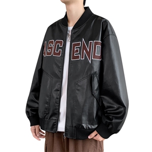 秋季大码2XL-8XL男士休闲棒球领绣花皮衣夹克外套图片