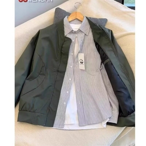 简约宽松型方领春季长袖常规款卡其色飞行员夹克外套男W6352-P43图片