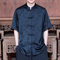 中式男士竹叶醋酸提花短袖衬衫T恤CS9898-P65控89，男装T恤，电商A021