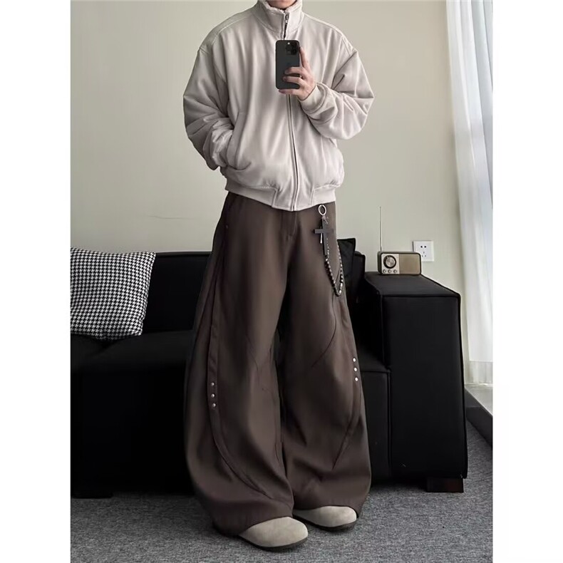 韩版小众铆钉立体廓形弯刀裤男春秋美式垂感宽松阔腿拖地裤XX331,男装休闲裤,星座208-5