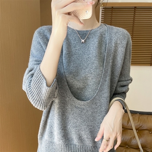 秋冬季羊毛休闲设计感时尚个性大U形罩衫背心两件套，女装羊毛衫，鸿陌羊绒