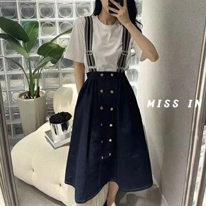 【现货】前面双排扣宽背带牛仔背带裙,其它,衣生缘