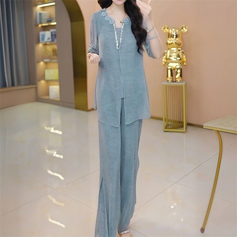 丝麻气质妈妈2026夏季阔腿裤新款两件套遮肉休闲时尚凉爽上衣套装,女装套装/套裙,超越