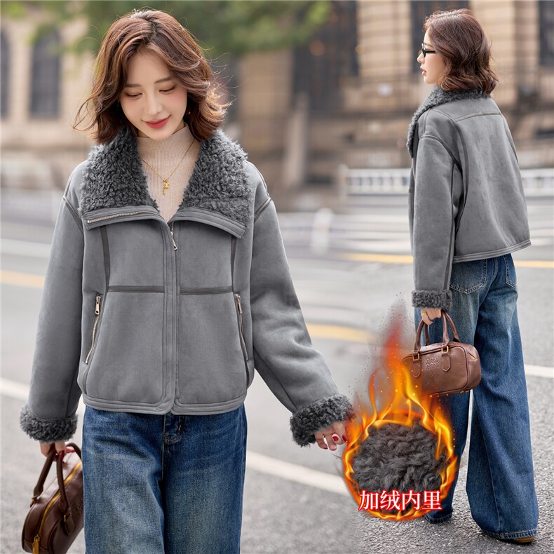 9108时尚温暖皮毛一体外套,女装羊羔毛/颗粒绒,依路服饰