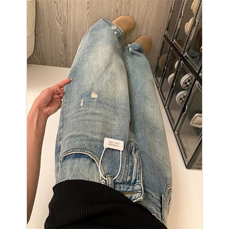 复古ins风高腰阔腿牛仔裤女春秋季新款设计感水洗宽松直筒牛仔裤,男装牛仔裤,星座506A
