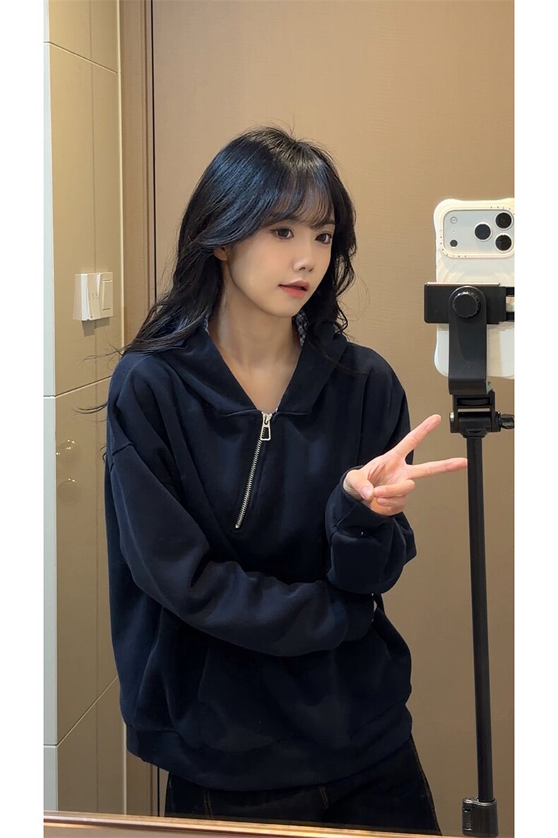 学院清新格子帽半拉链卫衣舒适通勤简约时尚外套HY922TP48控89,女装短外套,电商A102B