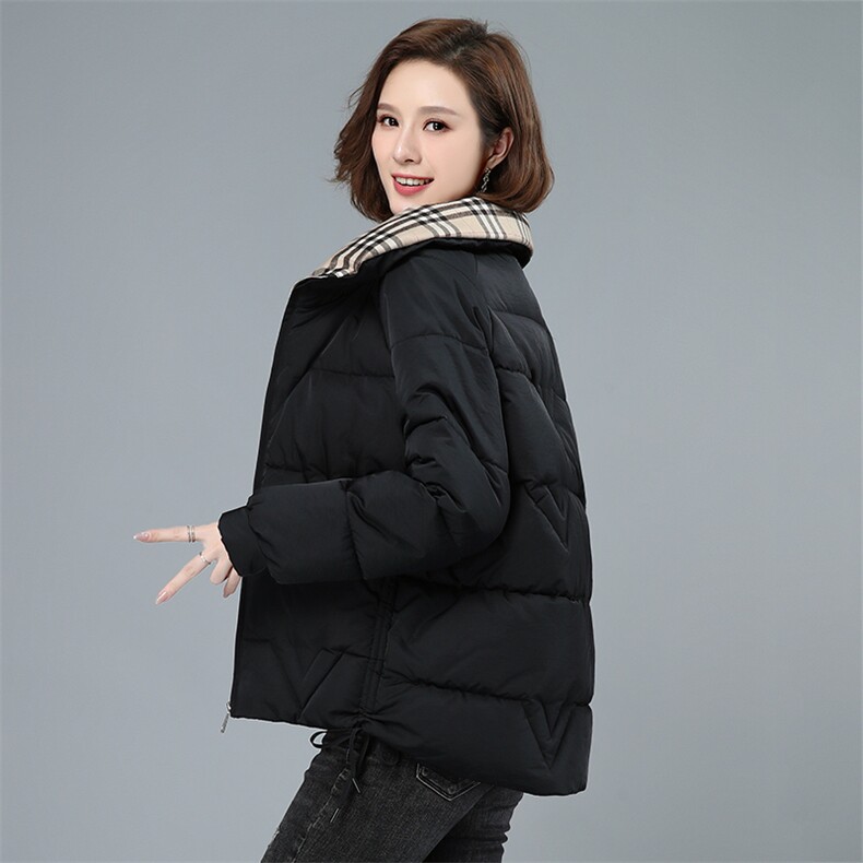 立领格子拼接棉服女短款2021冬装新款韩版宽松面包服冬季外套,女装棉衣/棉服,伊满意