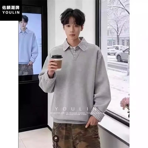 1506-1/WV021/P47春潮牌假两件衬衫领卫衣男女百搭情侣打底上衣图片